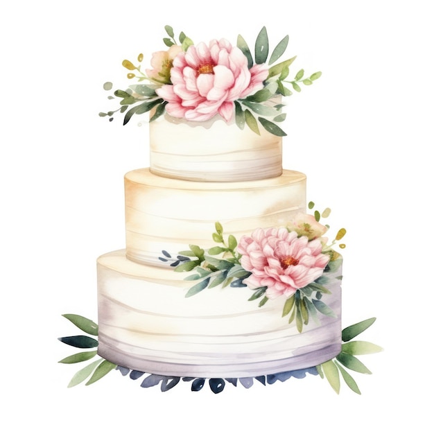 Photo gâteau de mariage à l'aquarelle avec des fleurs isolées