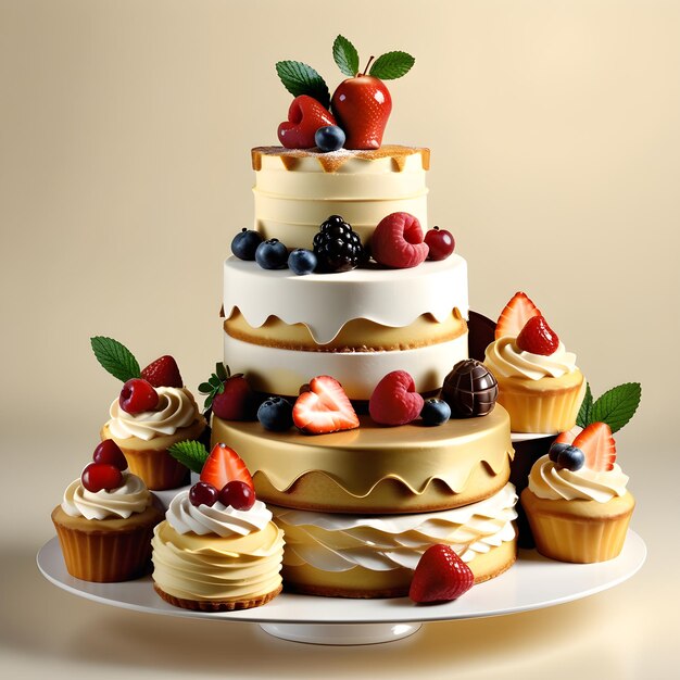 Gâteau de mariage avec des baies et de la crème sur un fond beige