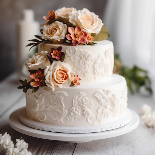 Gâteau de mariage blanc à deux niveaux décoré de fleurs colorées