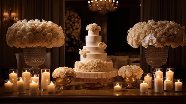 Un gâteau de mariage blanc avec des fleurs blanches et un gros gâteau dessus.
