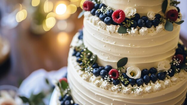 Un gâteau de mariage blanc avec des fleurs et des bleuets.