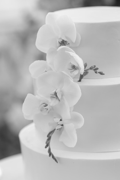 Gâteau de mariage - blanc avec des fleurs d'orchidées