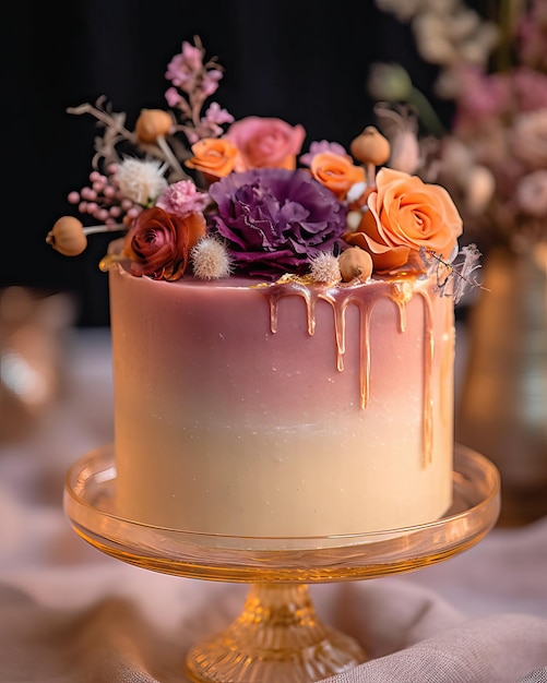 Gâteau de mariage blanc et rose avec des fleurs et des myrtilles