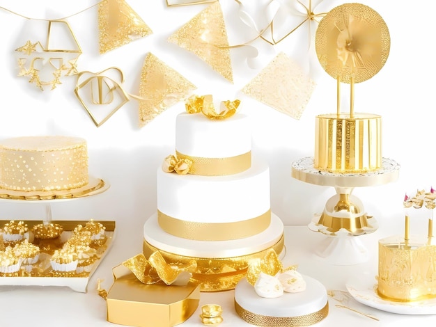 et un gâteau de mariage blanc avec un ruban d'or et un nœud d'or.