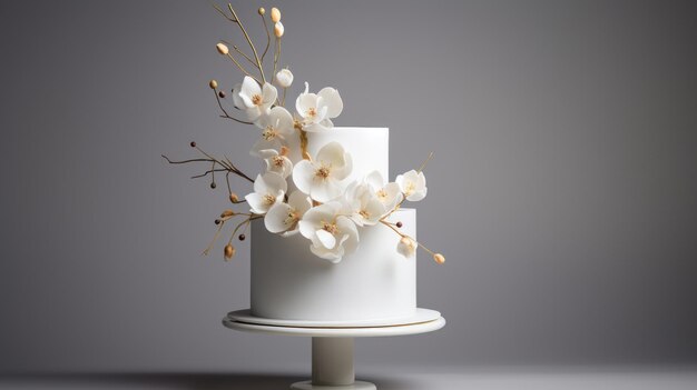 Un gâteau de mariage blanc simple avec du glaçage et des fleurs sur un fond gris.