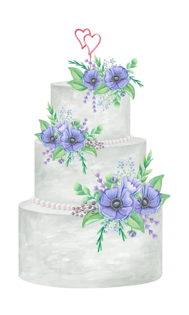 Gâteau de mariage blanc à trois niveaux décoré d'anémones et d'une figurine de deux coeurs Illustration aquarelle sur fond blanc