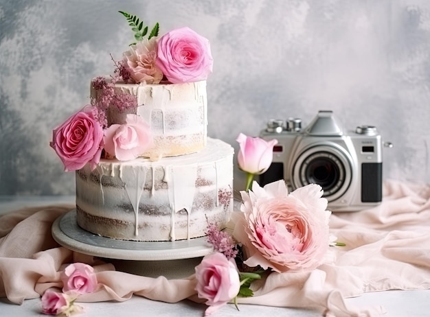 Gâteau de mariage blanc à trois niveaux décoré de fleurs et de feuilles vertes sur un fond en bois blanc