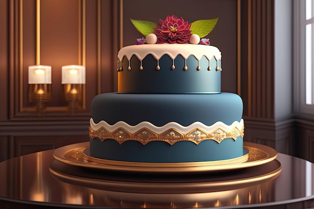 Un gâteau de mariage bleu foncé avec une fleur sur le dessus