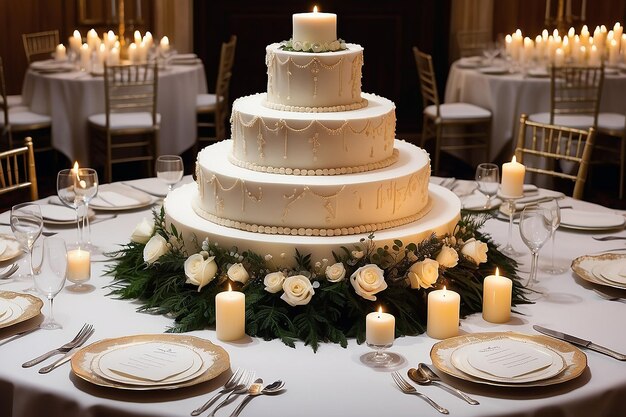 Gâteau de mariage avec des bougies sur la table à la réception