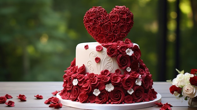 Un gâteau de mariage avec un cœur rouge et des roses rouges.