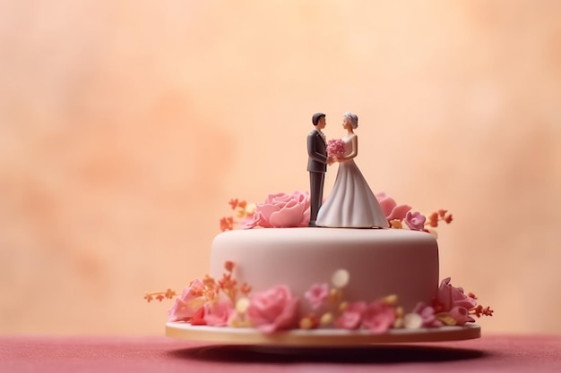Un gâteau de mariage avec un couple sur le dessus