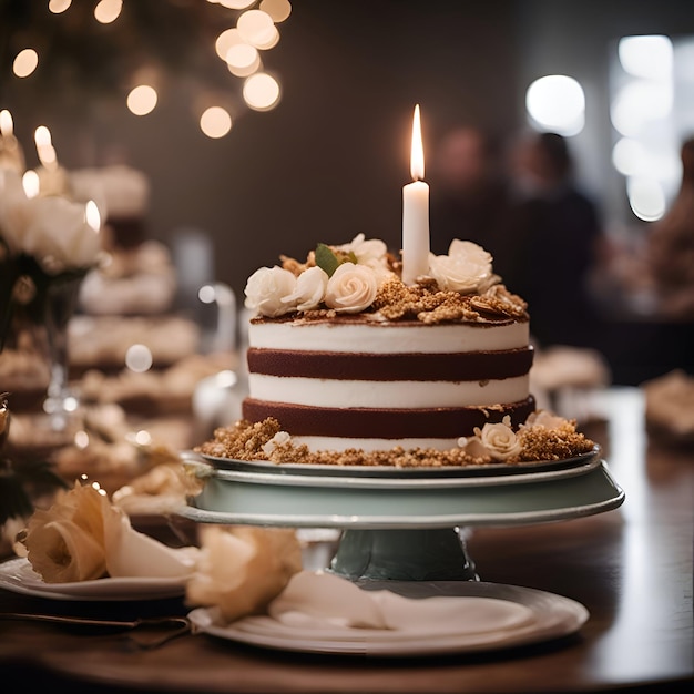 Un gâteau de mariage avec de la crème blanche et du chocolat sur la table.