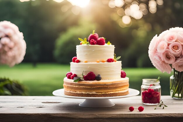 Photo gâteau de mariage avec décoration florale célébration de la fête et dessert de vacances restauration dans un jardin de campagne