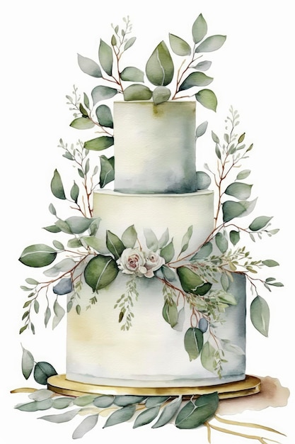 Photo gâteau de mariage décoré d'eucalyptus élégant sur fond blanc