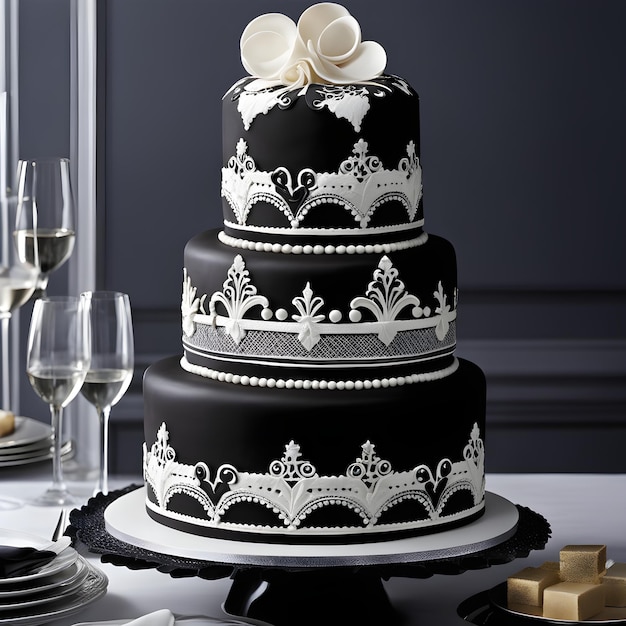 gâteau de mariage avec de la dentelle blanche sur un fond noir.