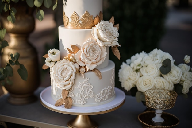 Gâteau de mariage avec des détails de fleurs sur une tableQue signifie gâteau de mariage