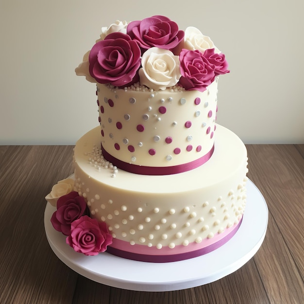 gâteau de mariage à deux niveaux avec des roses et de la crème fouettée