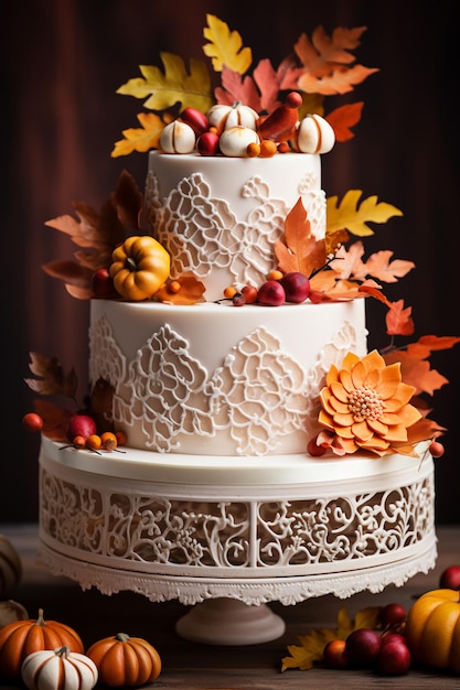 Gâteau de mariage d'élégance d'automne dans la splendeur saisonnière