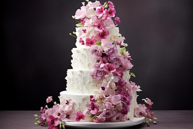 Un gâteau de mariage élégant avec des décorations florales.