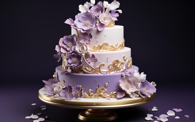 Un gâteau de mariage élégant à deux niveaux d'élégance générative AI pourpre et dorée