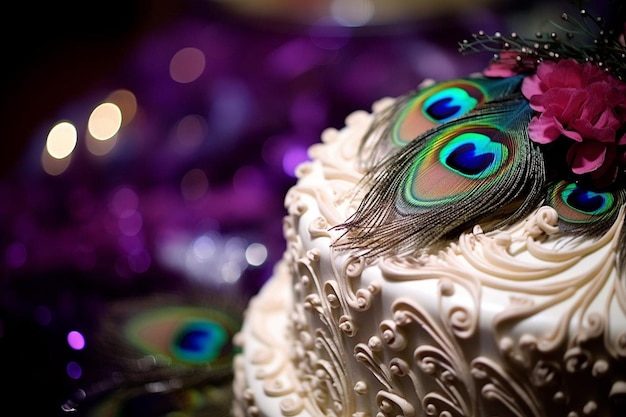 Un gâteau de mariage élégant en plumes de paon avec des détails complexes.