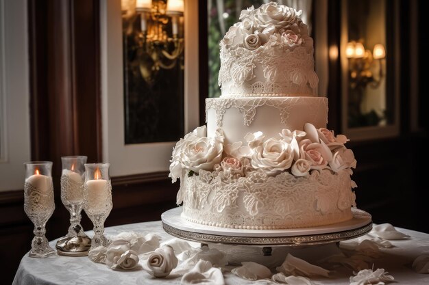 Un gâteau de mariage élégant surmonté de roses sucrées générative IA