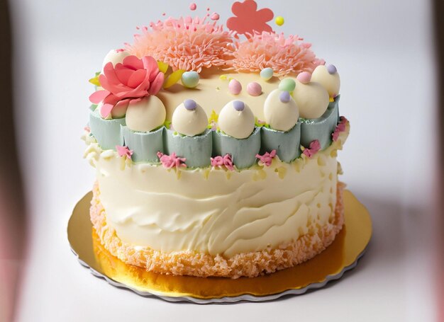 Gâteau de mariage avec fleurs de couleur fond blanc ai générative