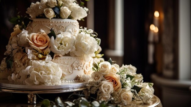 Un gâteau de mariage avec des fleurs sur le dessus