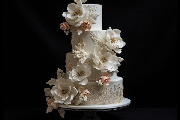 Gâteau de mariage avec des fleurs en sucre complexes et des accents de cristal créés avec une IA générative