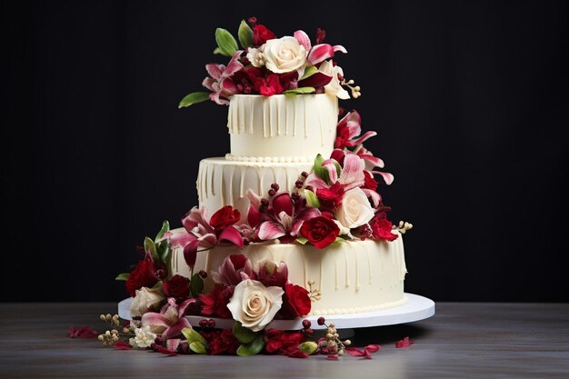 Un gâteau de mariage avec des fleurs.