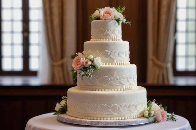 Photo un gâteau de mariage avec des fleurs.