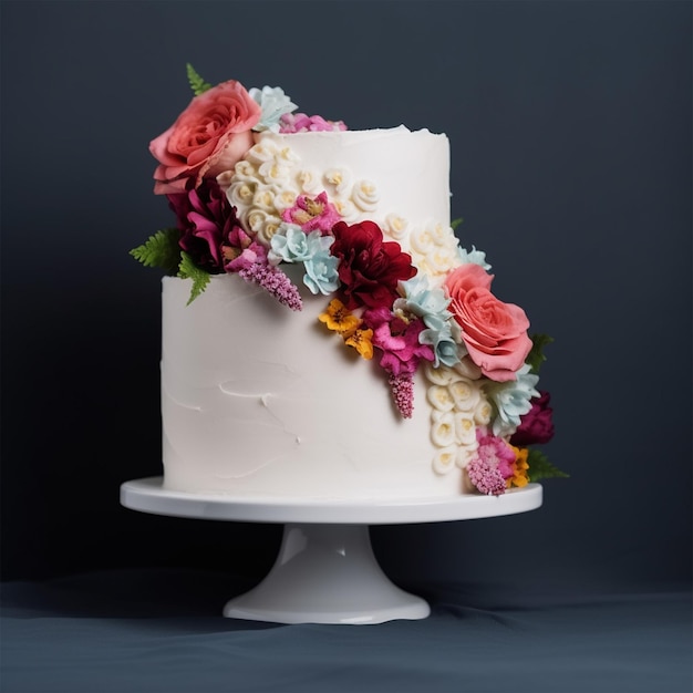 Un gâteau de mariage avec des fleurs