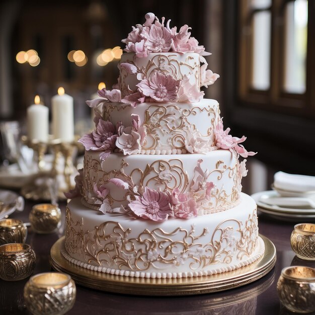 Gâteau de mariage joliment décoré avec des détails complexes