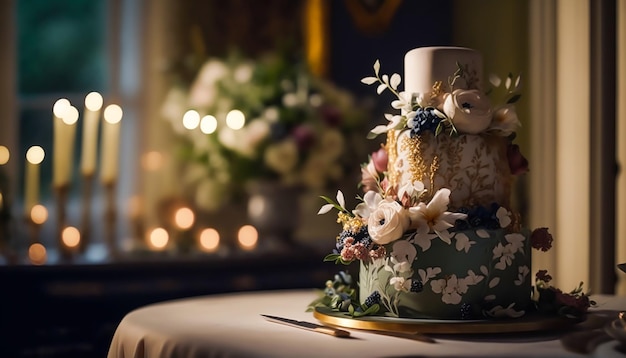 Gâteau de mariage de luxe design haut de gamme exclusif magnifiquement décoré gâteau professionnel à plusieurs niveaux comme dessert principal pour une célébration de mariage exquise Generative Ai