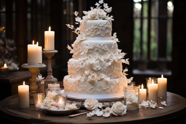 Gâteau de mariage luxueusement décoré de détails floraux et fruités générative IA