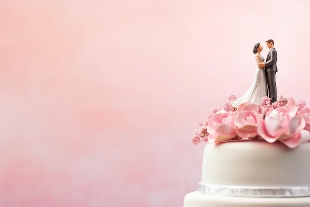 Un gâteau de mariage avec une mariée et un marié sur le dessus