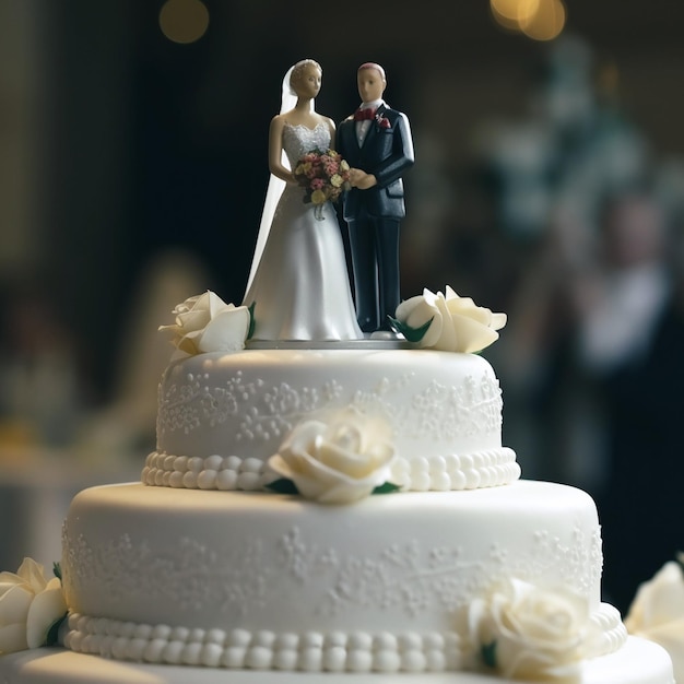 Un gâteau de mariage avec une mariée et un marié dessus.