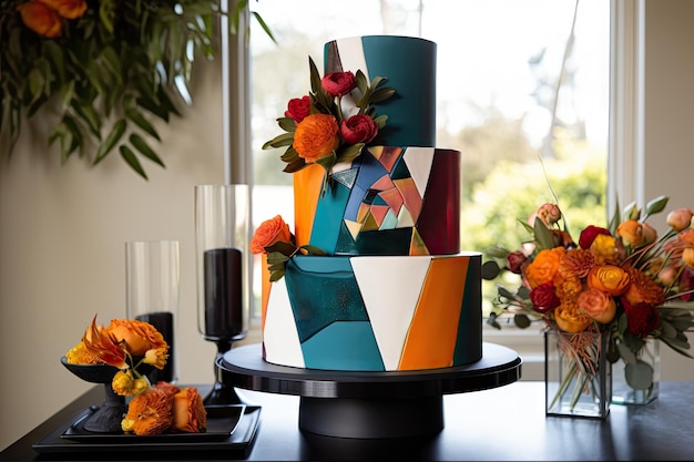 Gâteau de mariage moderne composé de formes géométriques élégantes et de couleurs vives créées avec une IA générative