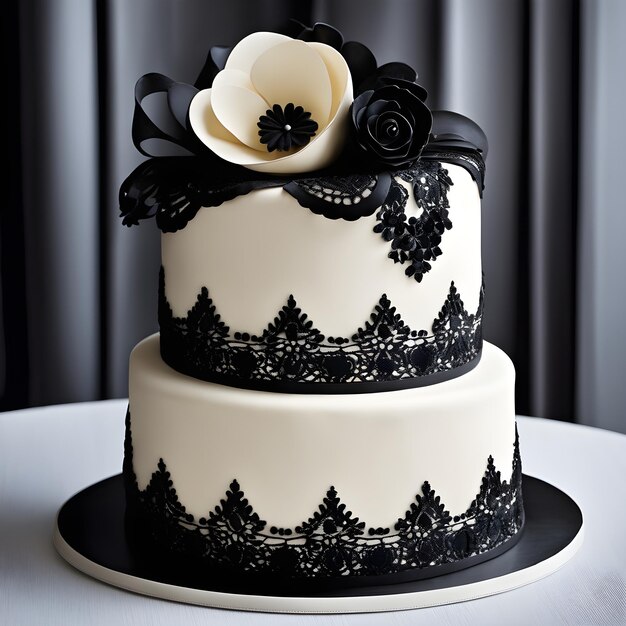 Un gâteau de mariage noir et blanc avec de la dentelle noire et des fleurs sur le dessus.