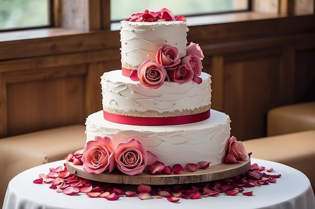 Photo un gâteau de mariage avec des pétales de rose.