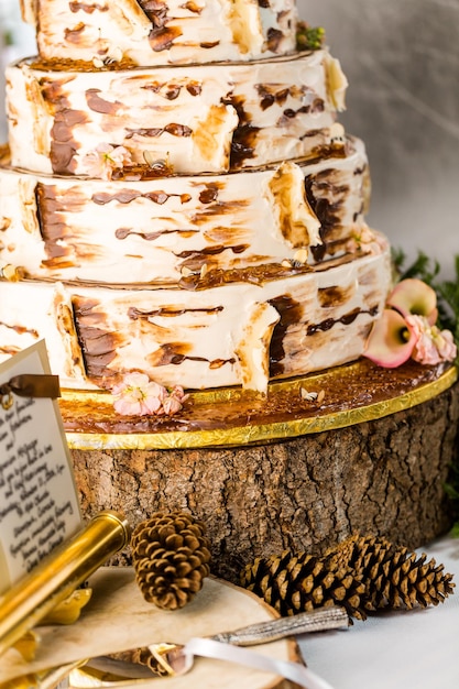 Gâteau de mariage à plusieurs niveaux gastronomique à la réception de mariage.