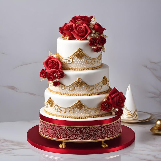 Un gâteau de mariage avec des roses rouges sur un fond de marbre.