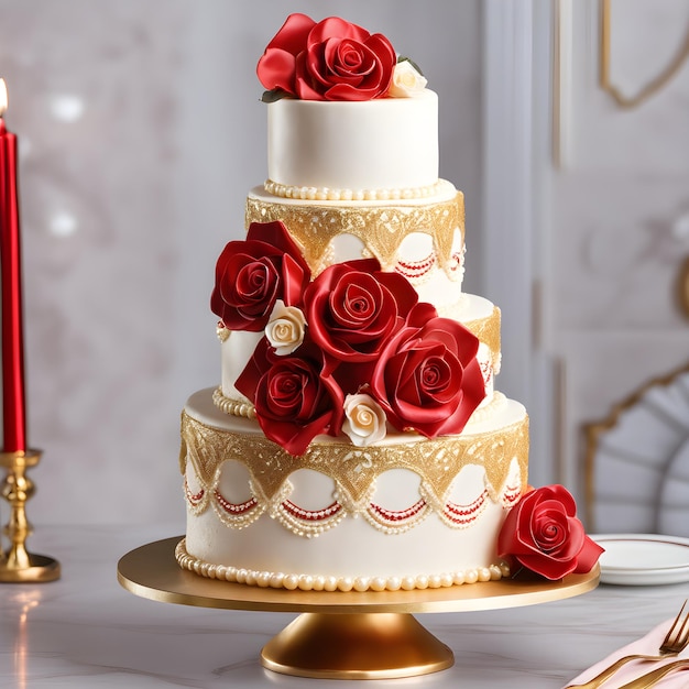 Un gâteau de mariage avec des roses rouges sur la table.