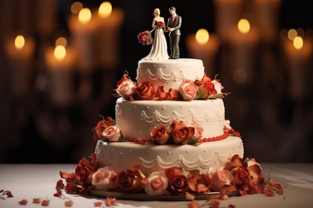 Un gâteau de mariage avec une statuette de jeunes mariés.