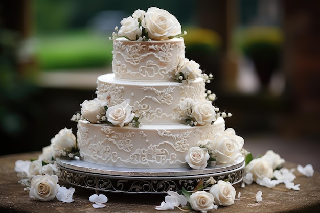 Gâteau de mariage à trois étages avec dentelle et roses blanches IA générative