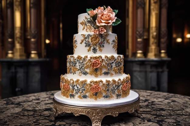 Gâteau de mariage à trois niveaux avec des détails et des embellissements complexes créés avec une IA générative