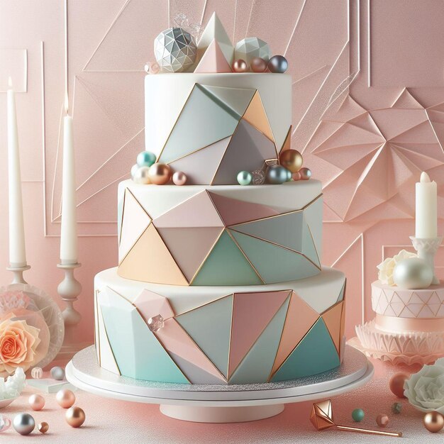 Photo un gâteau de mariage à trois niveaux avec un sommet en forme de diamant