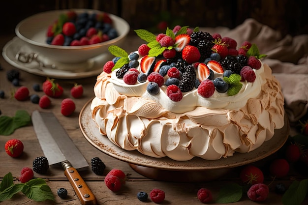 Gâteau meringué à la crème et aux baies pour un délicieux dessert