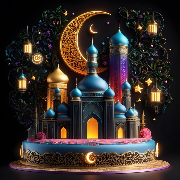 un gâteau avec une mosquée bleue sur le dessus