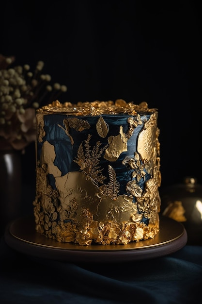 Un gâteau avec un motif de feuille d'or sur le dessus.